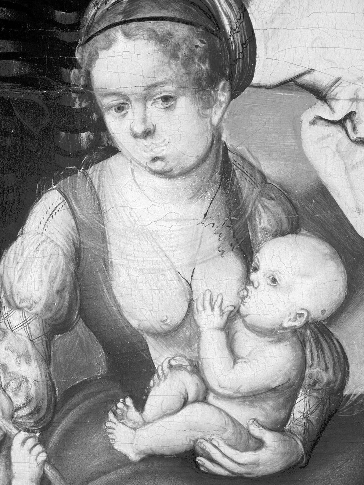 Lucas Cranach d. Ä., Die Heilige Sippe (Detail), 1510–1512, Infrarotreflektografie, Credit: INTK 2023 Univ.Prof. Dipl.-Biol. Dr. Katja Sterflinger